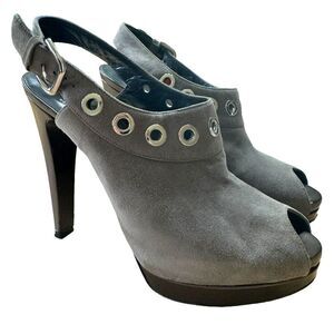 Stuart Weitzman Portside Gray Suede Grommet Platform Slingback Stiletto Sz 7 M